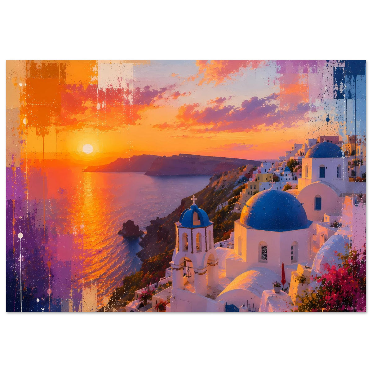 Querformatiges Poster mit Sonnenuntergang, Küstenweg und weißen Gebäuden mit blauen Kuppeln.