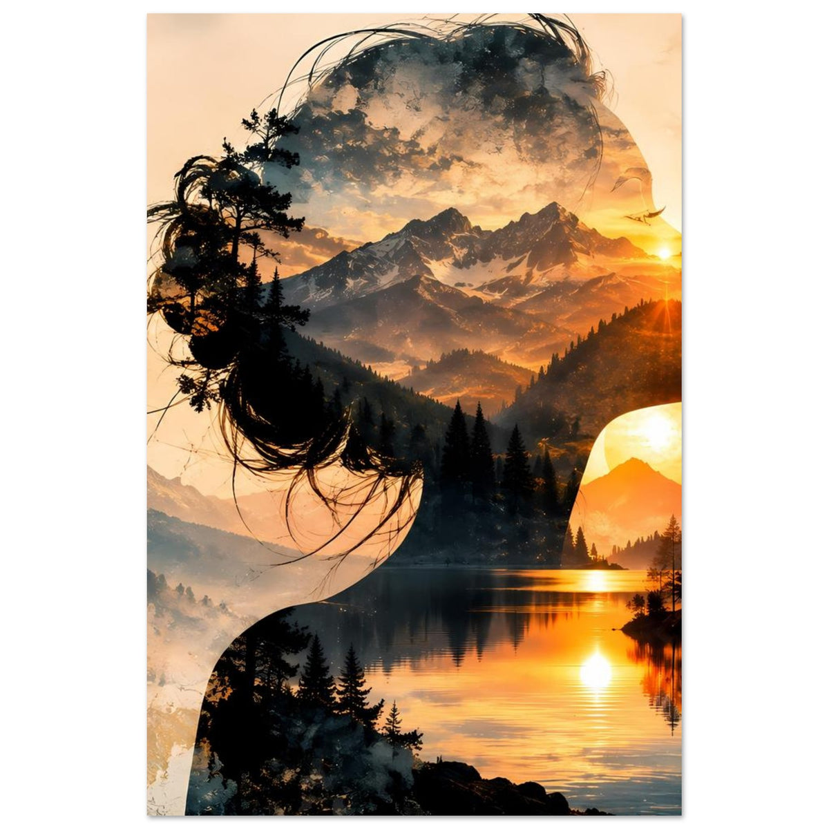 Doppelbelichtungs-Poster: Frauensilhouette, Berge und Wald am Bergsee, Hochformat