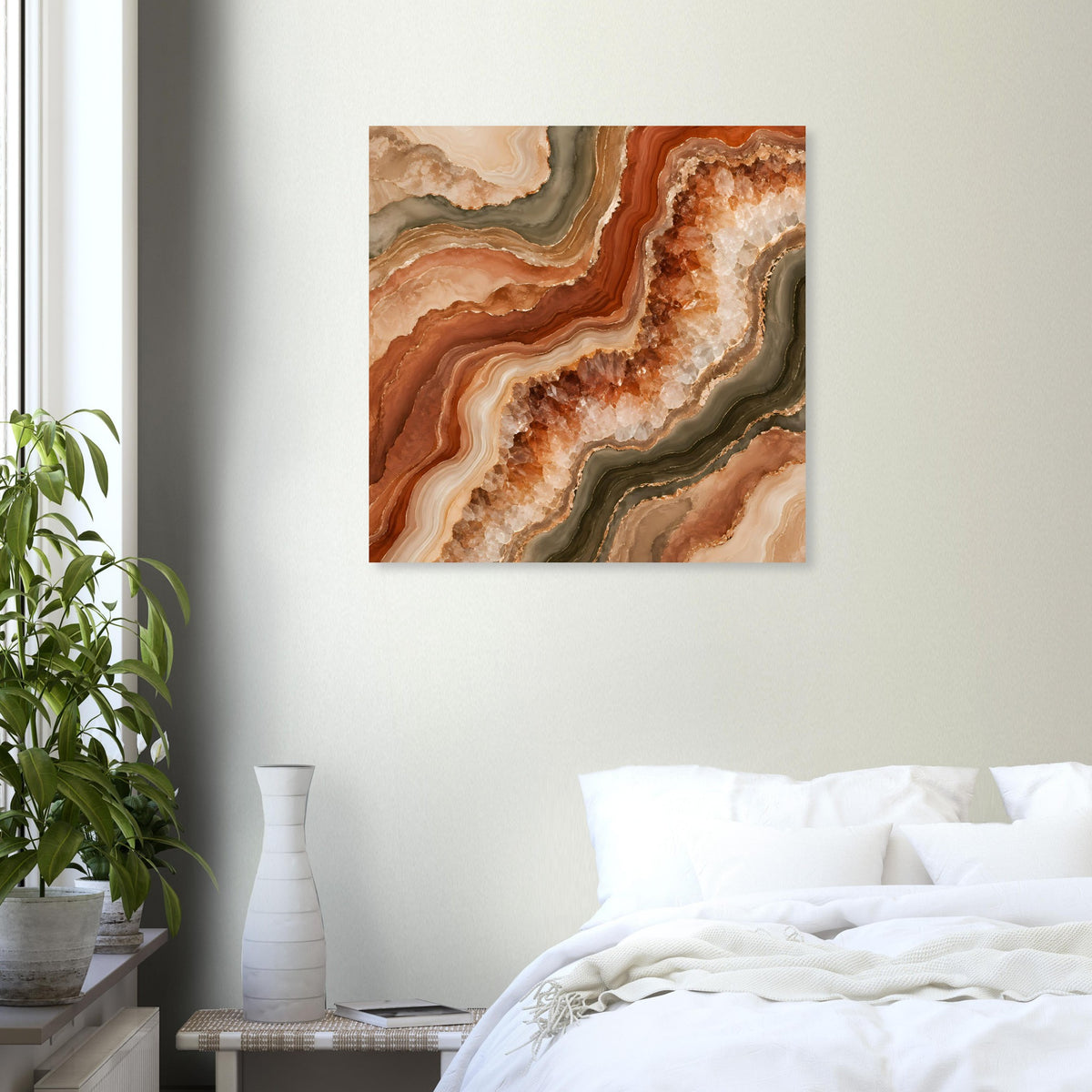 Quadratisches Poster mit geodenartigem Abstraktmuster in Braun, Beige und Gold