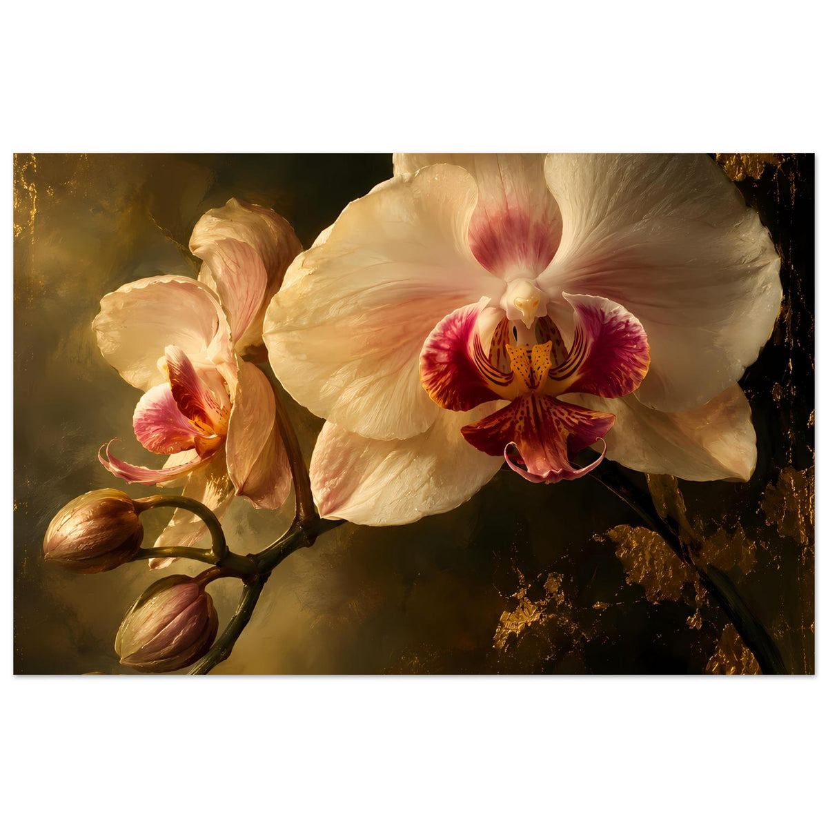 Orchideen-Poster mit cremeweißer Blüte, rosa Mitte und Knospen in Goldtönen