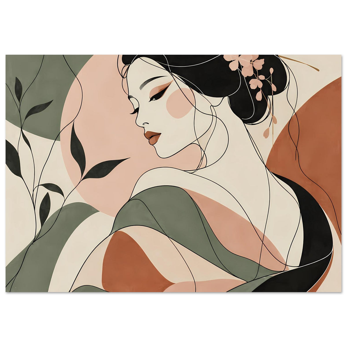 Zen-Geisha Poster mit Linienkunst: Seitenblick der Frau, schwarze Haare, grüner Kimono