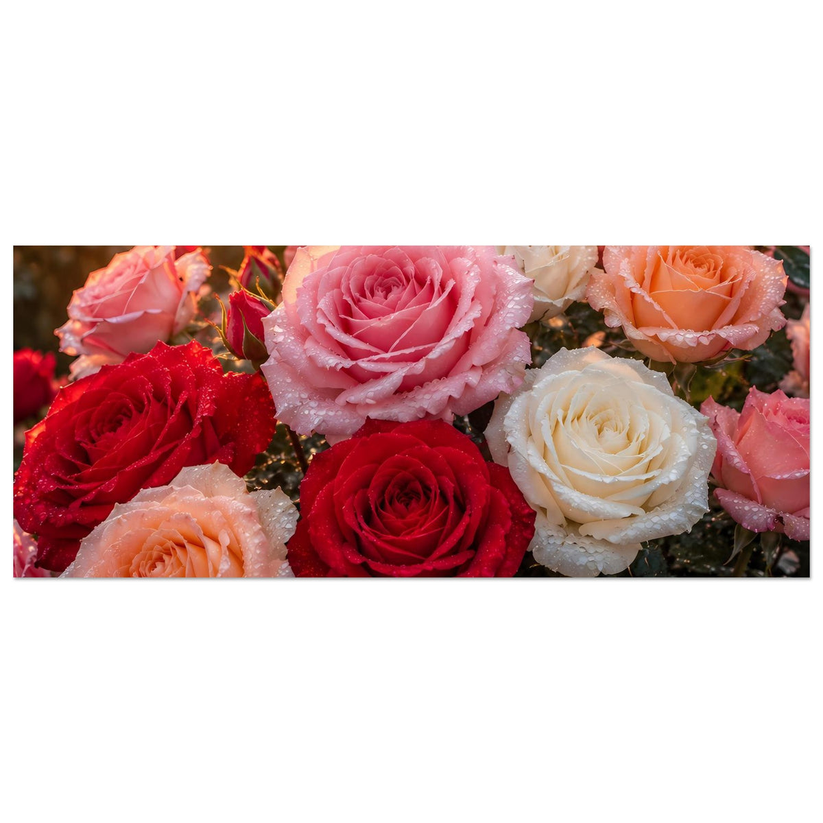 Poster im Querformat mit Rosenblüten in Pink, Rot, Creme und Orange