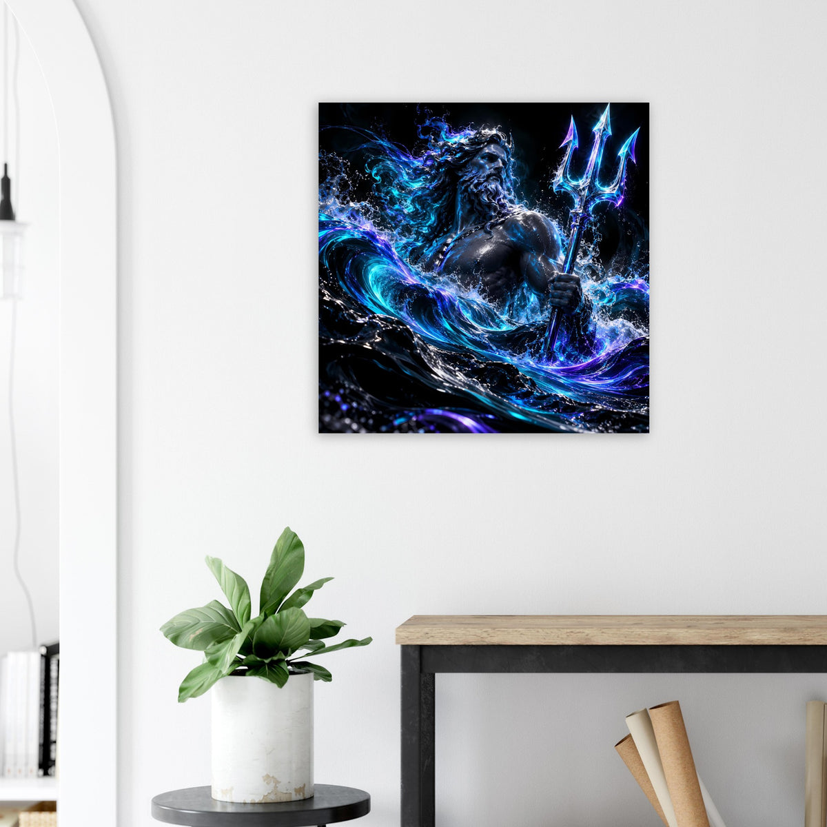 Gerahmtes quadratisches Poster mit Poseidon, leuchtende blaue Wellen und Dreizack