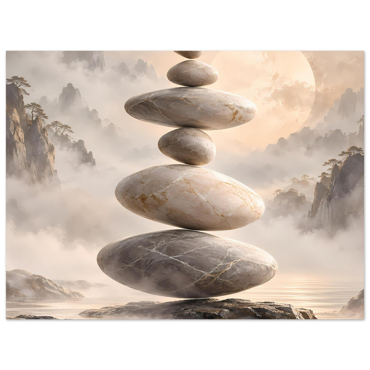 Zen-Steine in Balance vor nebligem Hintergrund in sanften Beige- und Grautönen – Posteransicht 29