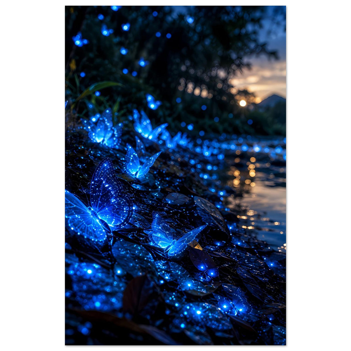 Schmalformat-Poster mit blauen, leuchtenden Schmetterlingen auf dunklem Hintergrund