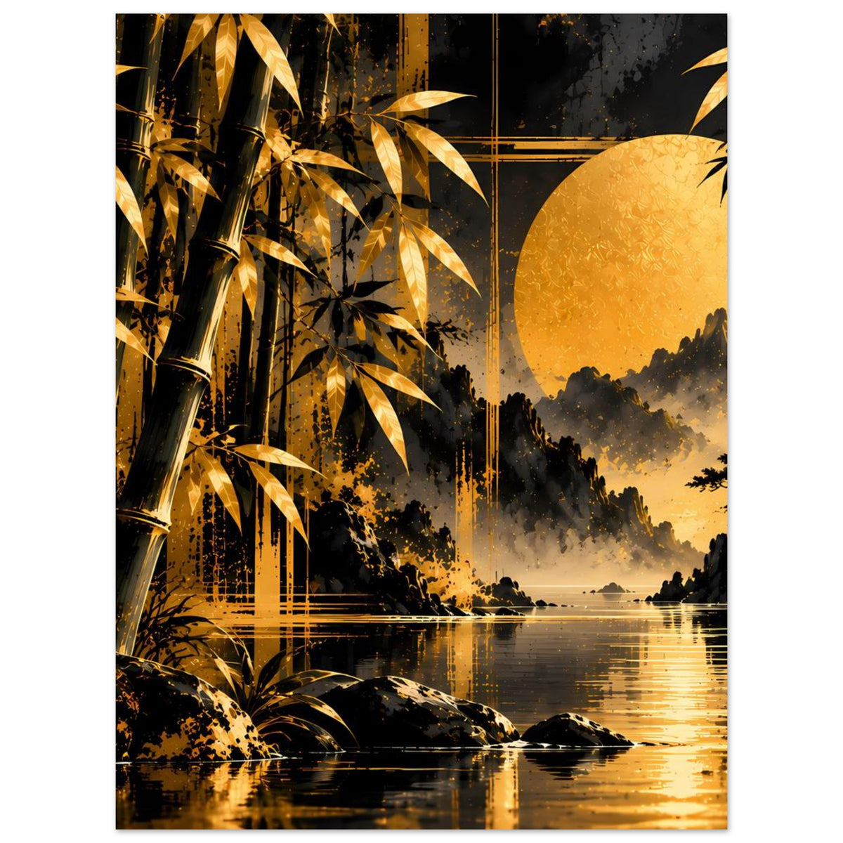 Vertikales Poster mit goldenen Bambusblättern, Abendhimmel, Fluss und Spiegelungen