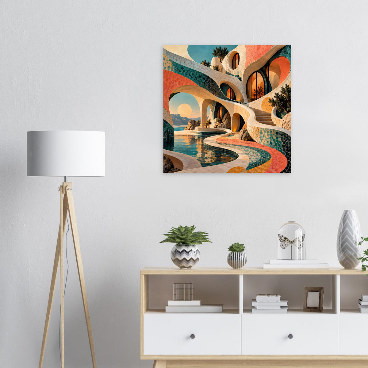 Kunstposter mit surreale Mosaik-Architektur, türkis-korallenem Wasserkanal und Bögen