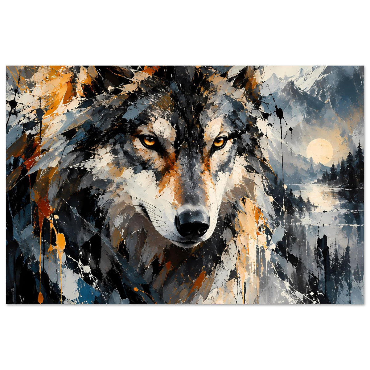 Abstraktes Wolfsposter mit orange-grauen Spritzmustern, schwarzem Fell und betontem Augenpaar
