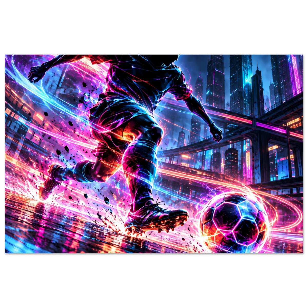 Neon-Fußball-Actionposter mit Fußballszene, Neonfarben, Energieeffekten und Stadtkulisse
