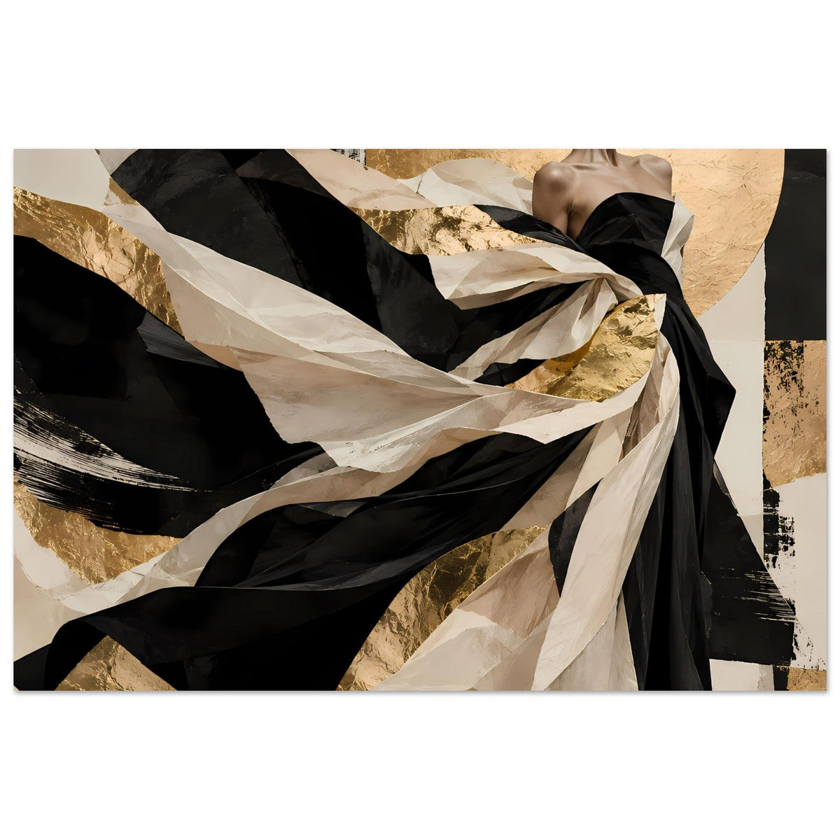 Matte Kunstposter (quer): Große Schleierbahnen in Schwarz & Beige mit goldenen Highlights