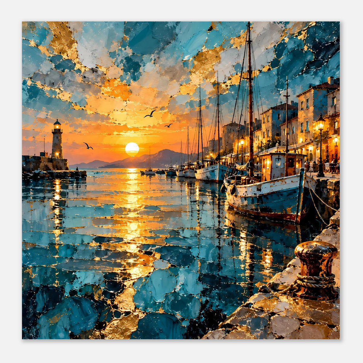Wandposter im quadratischen Ausschnitt: Sonnenuntergang am Hafen, goldene Reflexe im Wasser