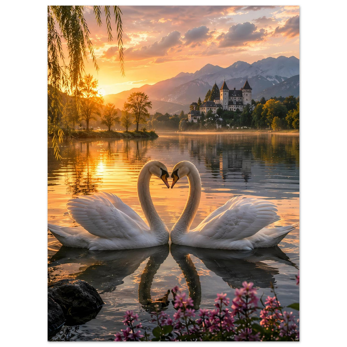 Wandposter mit zwei Schwänen als Herzform im Sonnenuntergang am See