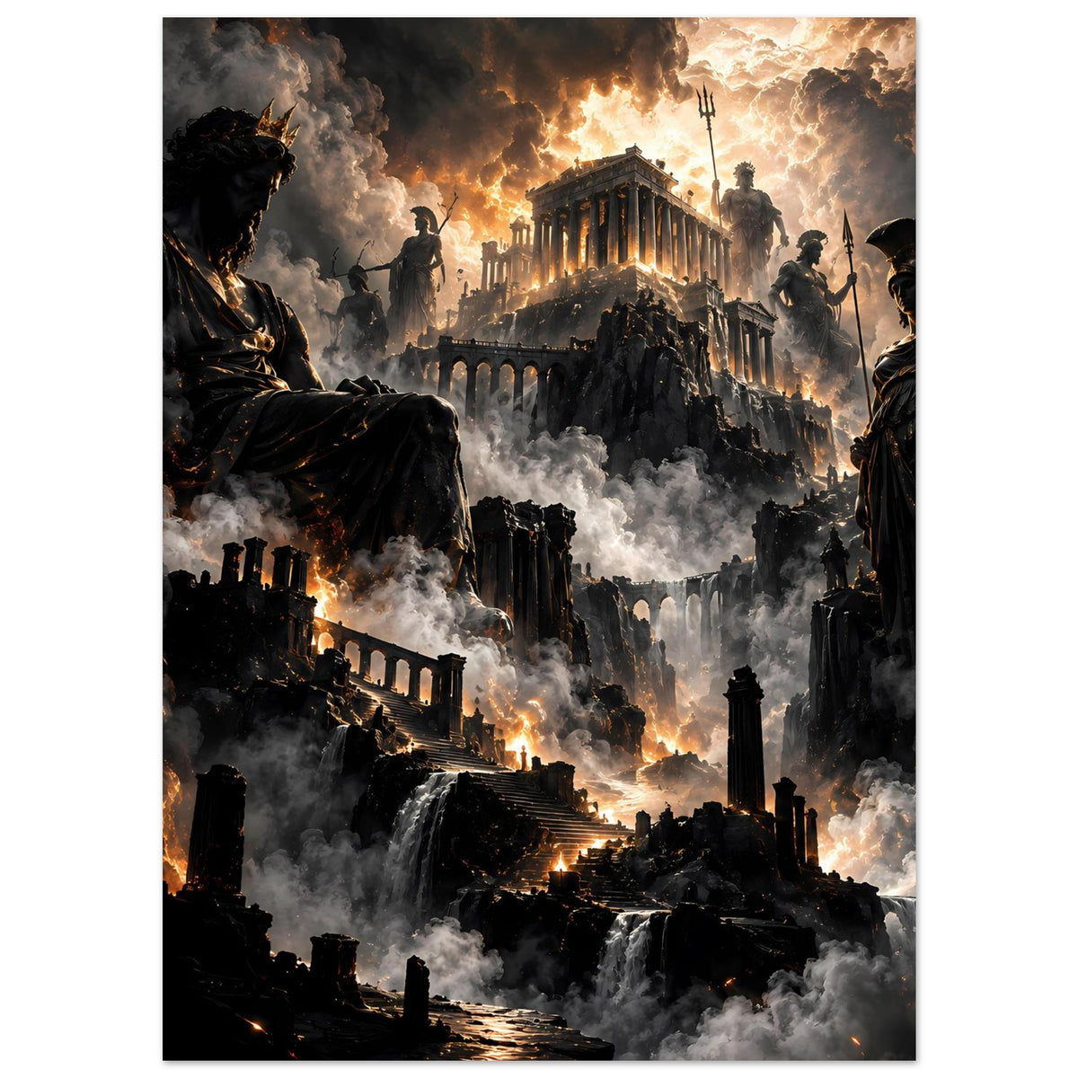 Fantasy-Poster mit Ruinenlandschaft, brennenden Details im Pfad und Nebel zwischen Gebäuden
