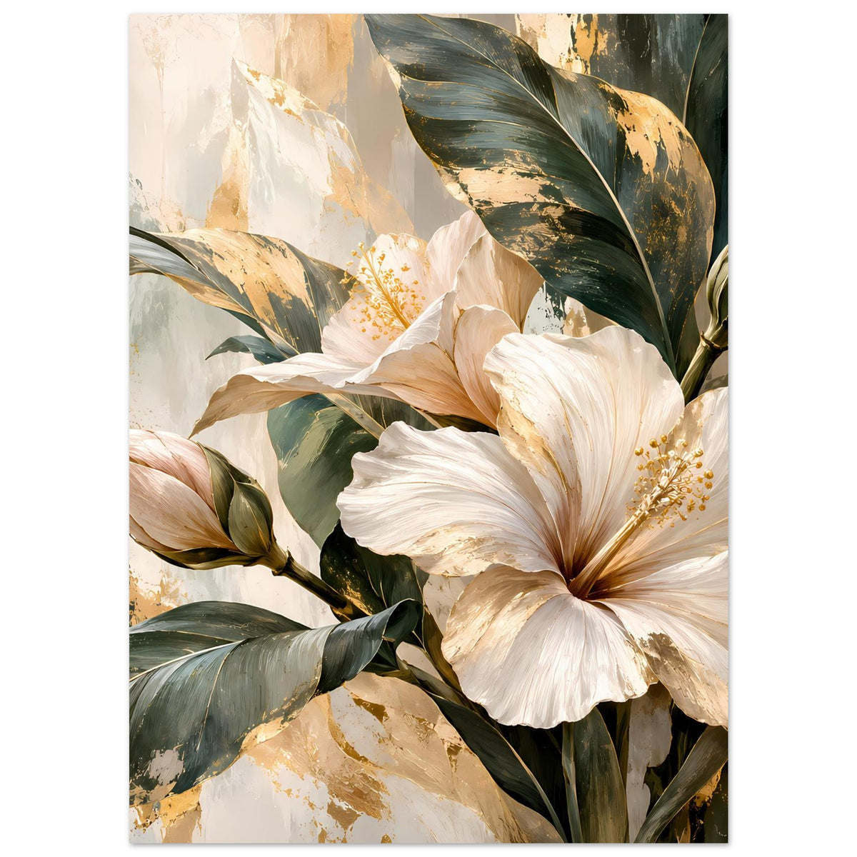 Blumenposter mit zentraler weißer Blüte, goldenen Akzenten und grünen Blättern, beiger Hintergrund