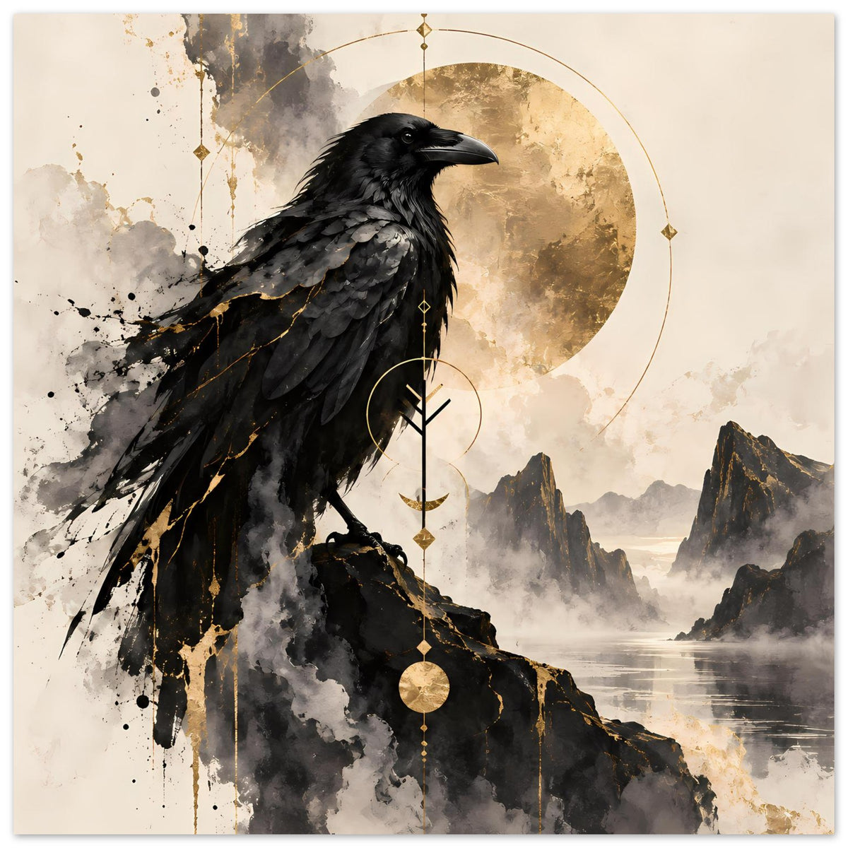 Poster im Hochformat mit schwarzem Raben, goldene Ornamente über dem Flügel