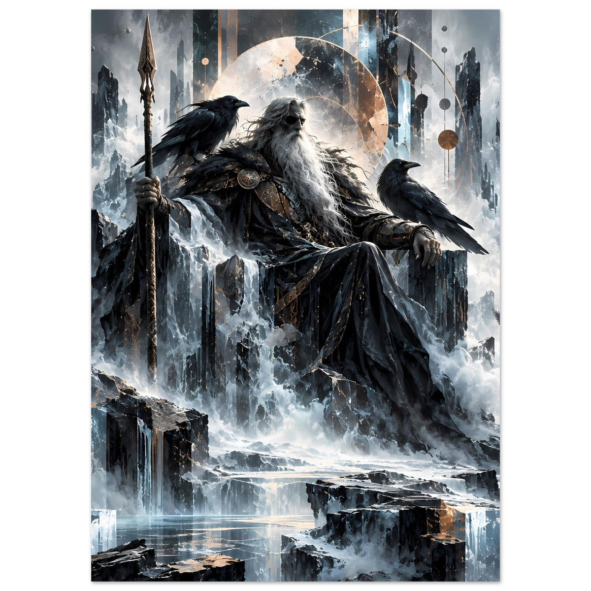 Mythologie-Poster: Odin mit Thron und Raben, dunkler Mantel mit silbrigem Schimmer