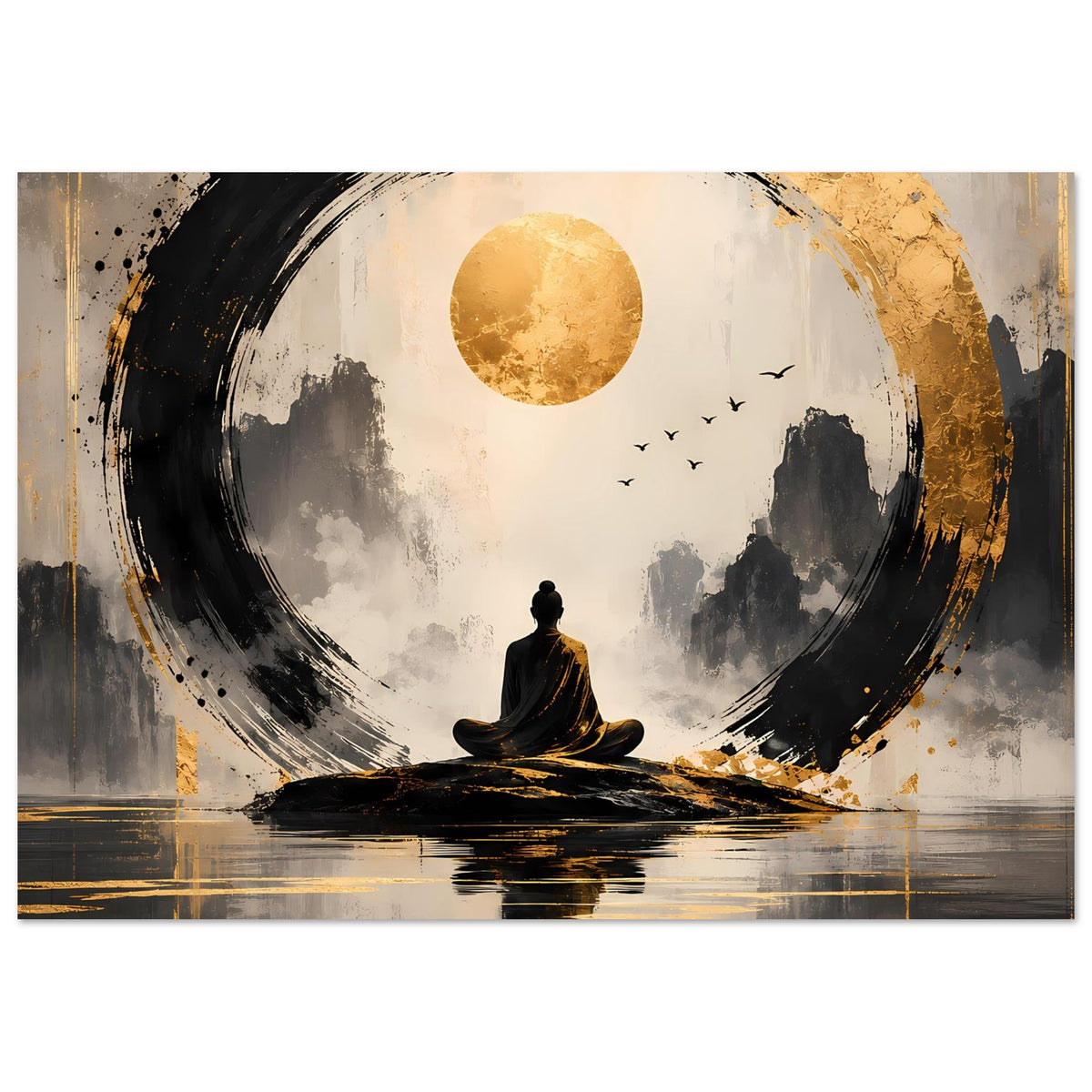 Meditationsposter mit sitzender Figur, goldenem Mond, schwarz-goldenen Akzenten und Reflexion im Bild unten