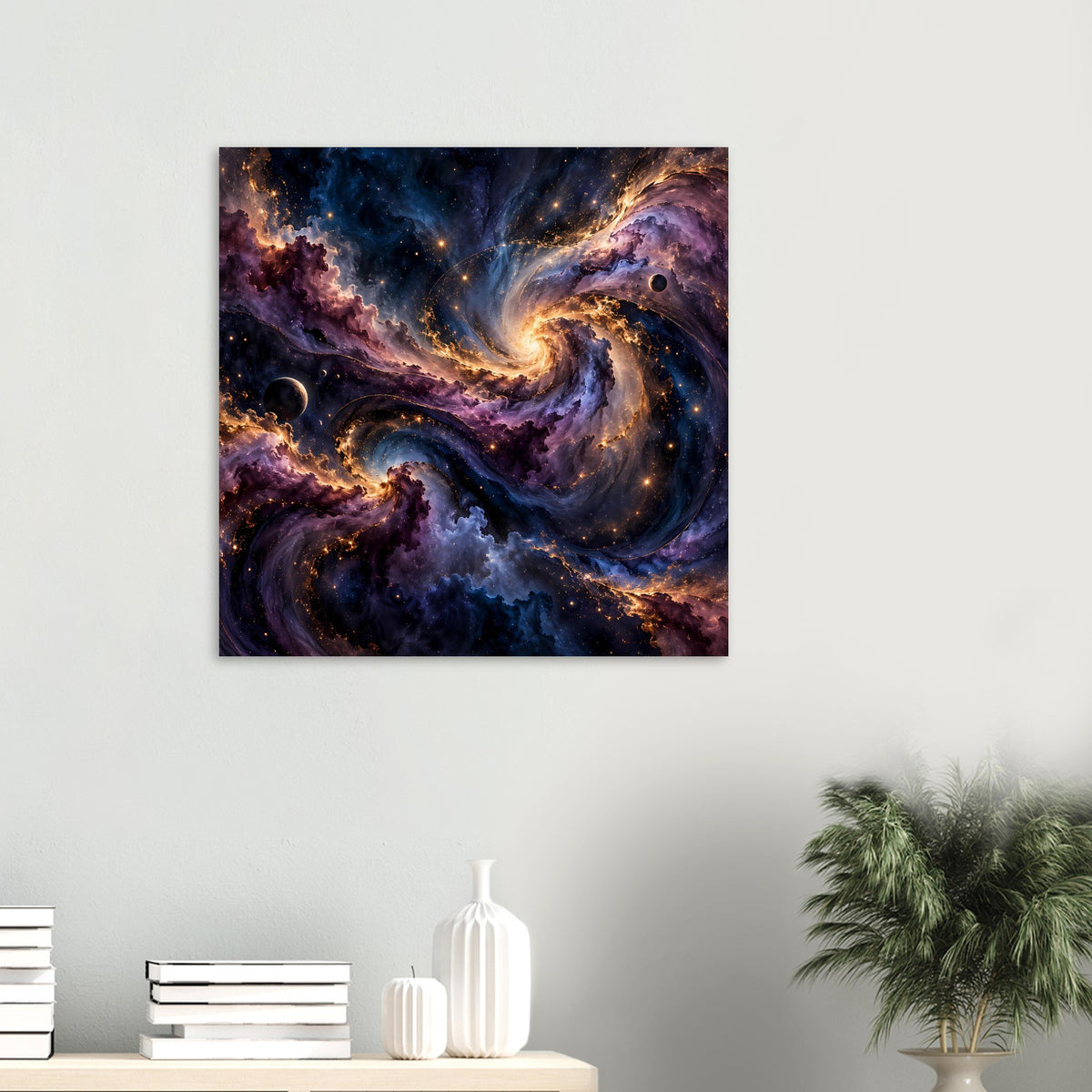 Quadratisches Weltraum-Poster: Spiralgalaxie mit leuchtendem Nebel, Sternen und planetaren Körpern