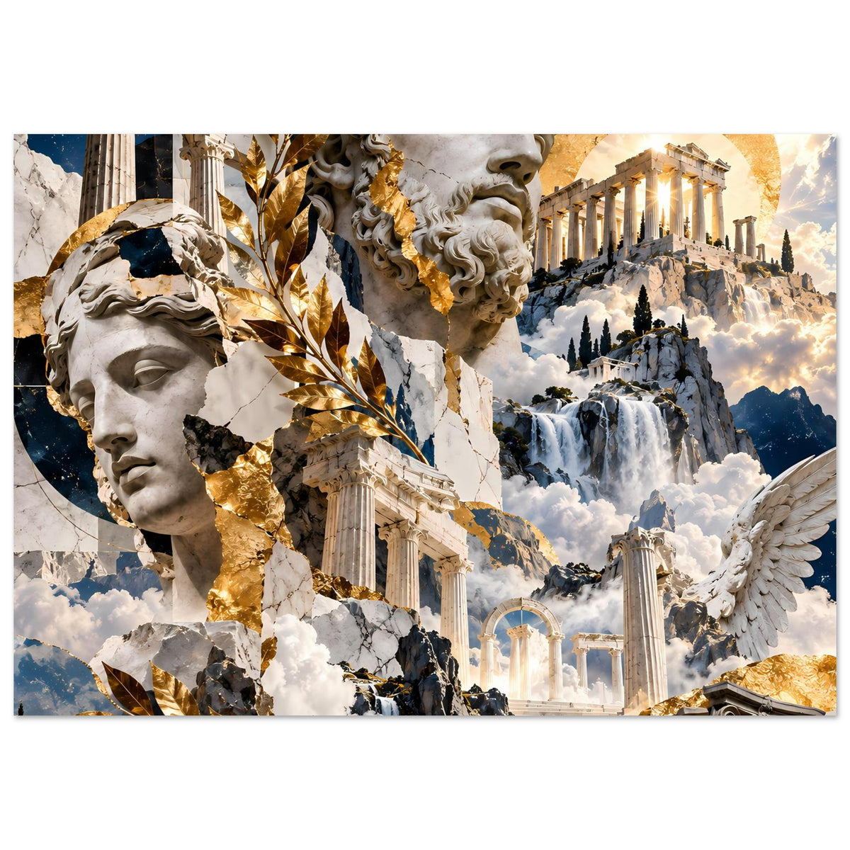 Querformat-Poster mit griechischer Statue, Säulen, goldenen Lorbeerakzenten und Flügeln