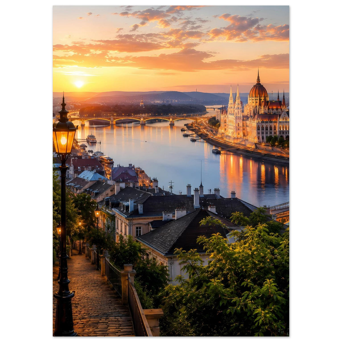 Cityscape-Poster im Hochformat: Sonnenuntergang über Fluss mit Stadtlichtern und Laterne