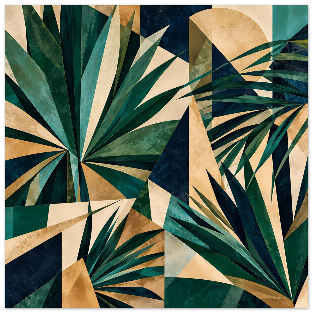 Horizontales Kunstposter mit geometrischen Tropenblättern in dunklem Blau, Grün und Beige-Gold