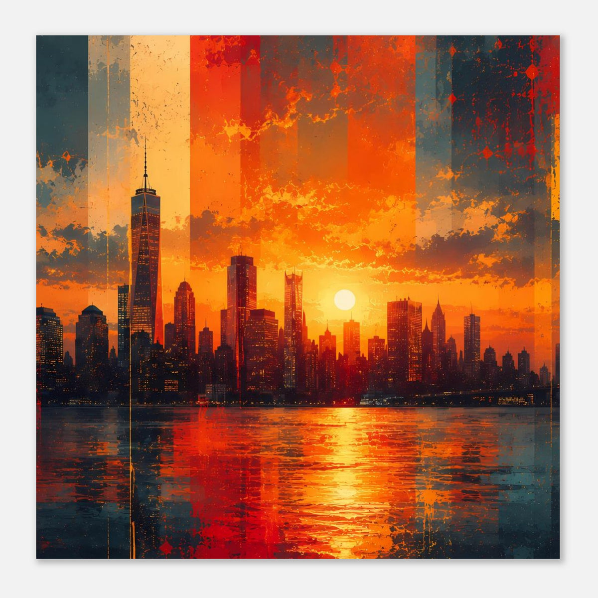 Quadratisches Stadt-Sonnenuntergangs-Poster mit Skyline, Sonne und Wasserreflexen