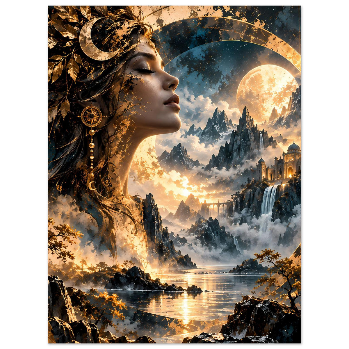 Poster mit Göttin im Profil, Halbmond über Landschaft, Nebel über Wasser und Felsenrahmen