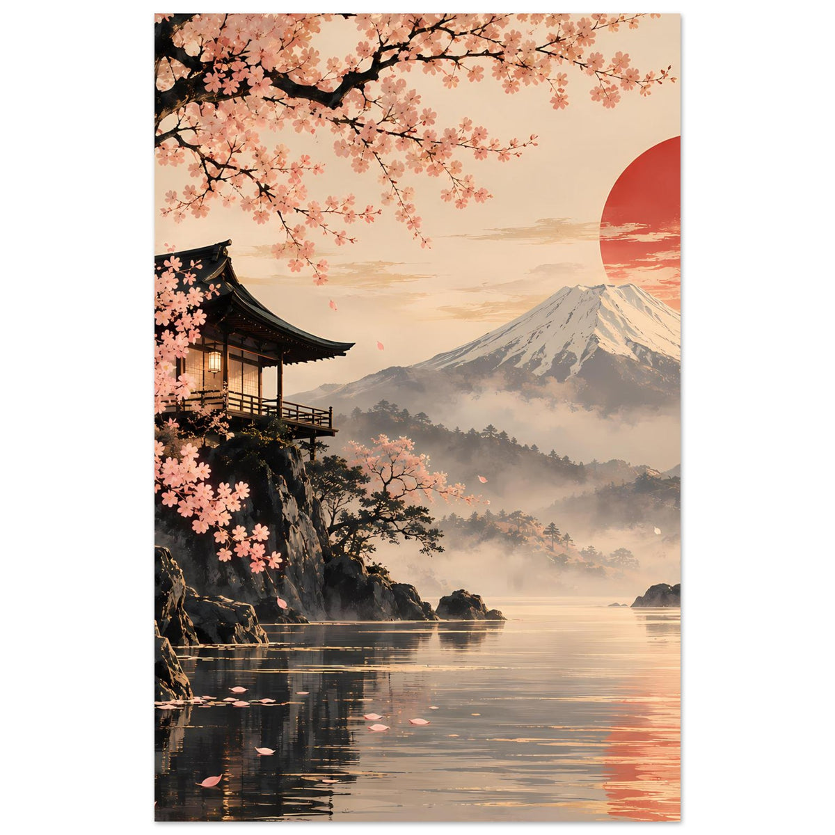 Poster im Hochformat: Kirschblüten, Pagode, Fuji-Berg, roter Sonnenkreis und Seeufer