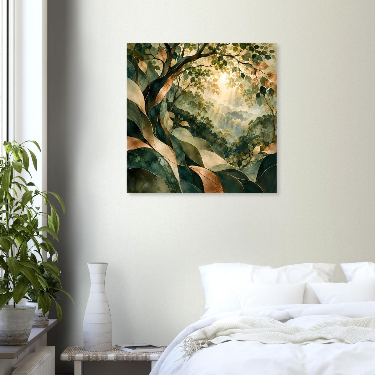 Quadratisches Natur-Poster mit grüner Vegetation und goldenem Licht im Wald