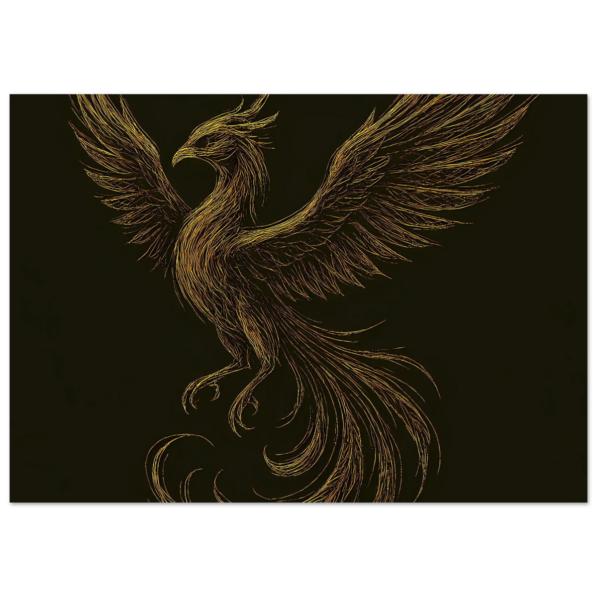 Breites Poster mit goldenem Phönix, ausgebreiteten Flügeln und Schwanzwirbeln