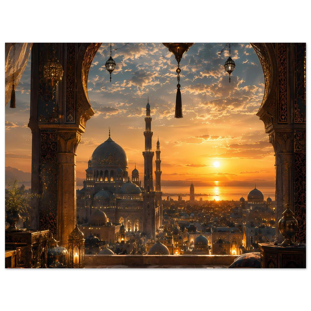 Poster mit Sonnenaufgang an der Moschee, beleuchtete Minarette im Rundbogen.