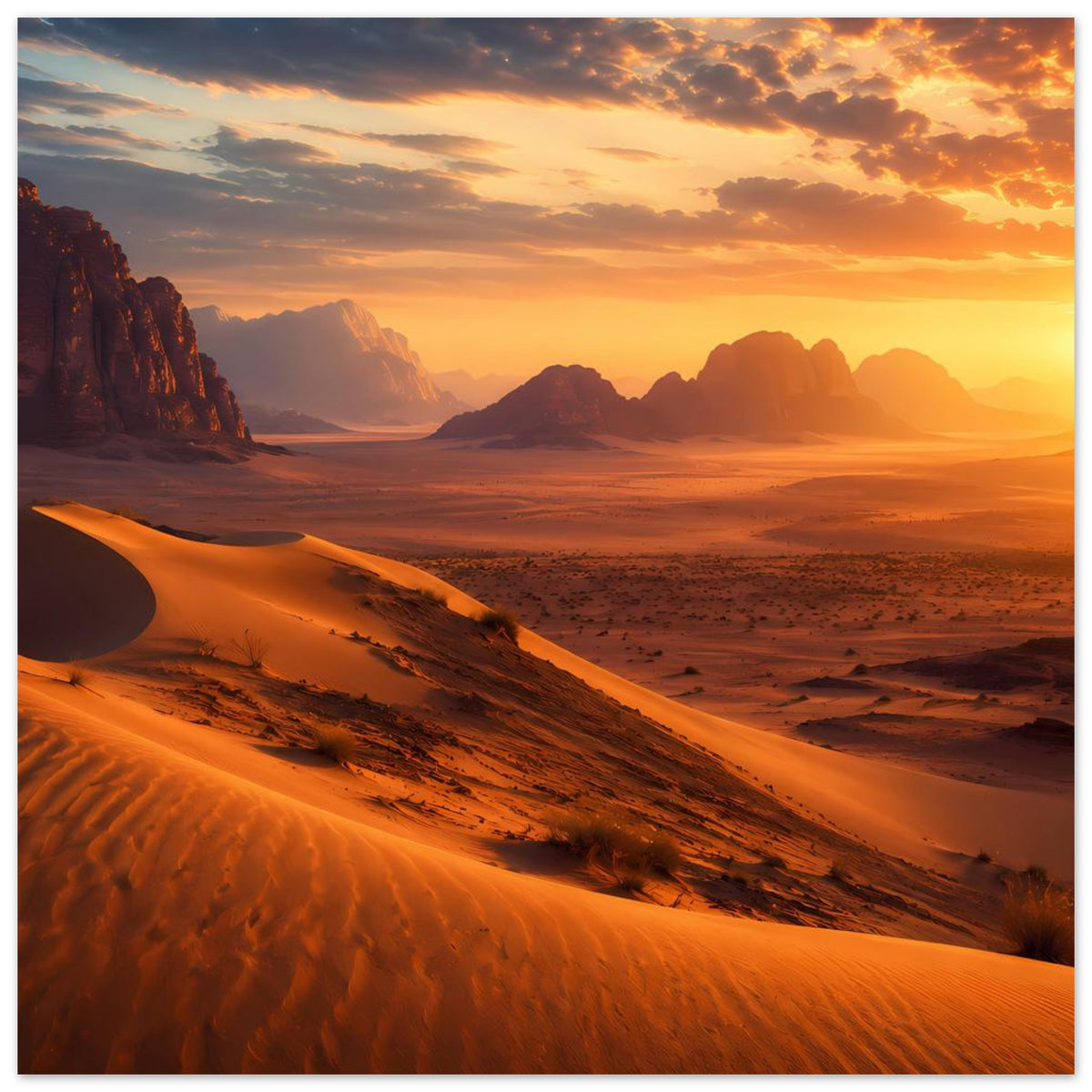 Poster mit Wüstenweg aus Dünen, Sonnenuntergangshimmel und Felsklippen, warme Farbpalette
