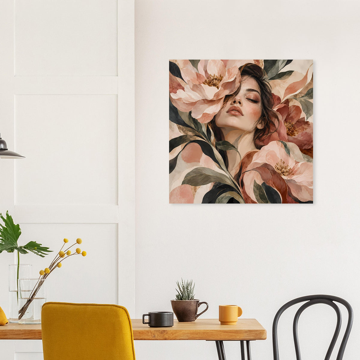 Blumenposter: Frauengesicht zwischen großen Blüten, warmes Naturfarbenmotiv, quadratisch