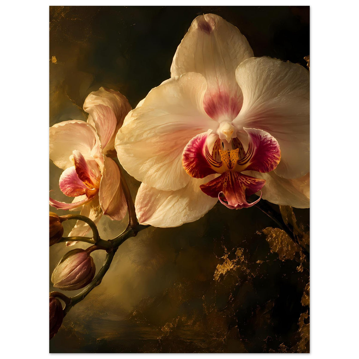 Orchideenposter: große cremeweiße Orchideenblüte mit rosafarbenem Zentrum, links Knospen