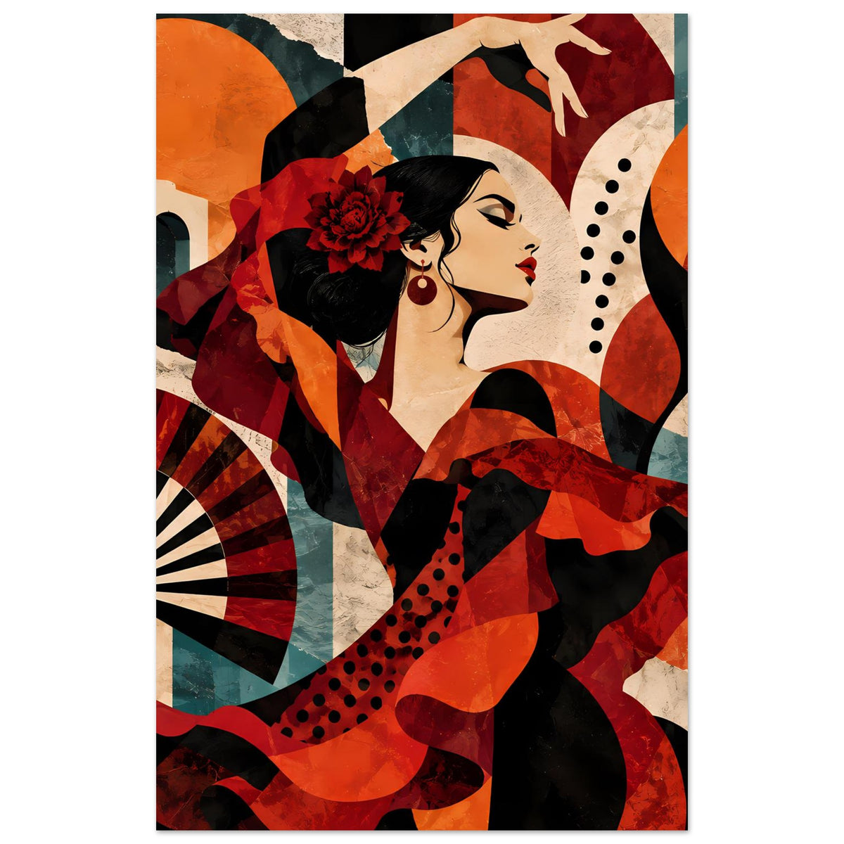 Dynamisches Tanzposter mit Profil-Flamencotänzerin, roten und schwarzen Fächer-Details