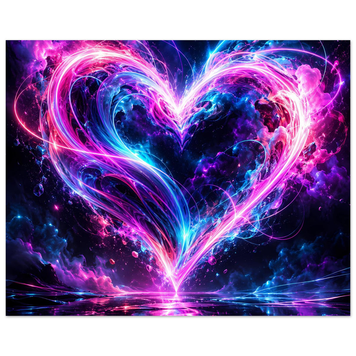 Kunstposter: Neon-Herz in Pink und Blau, strahlende Linien und kosmische Muster