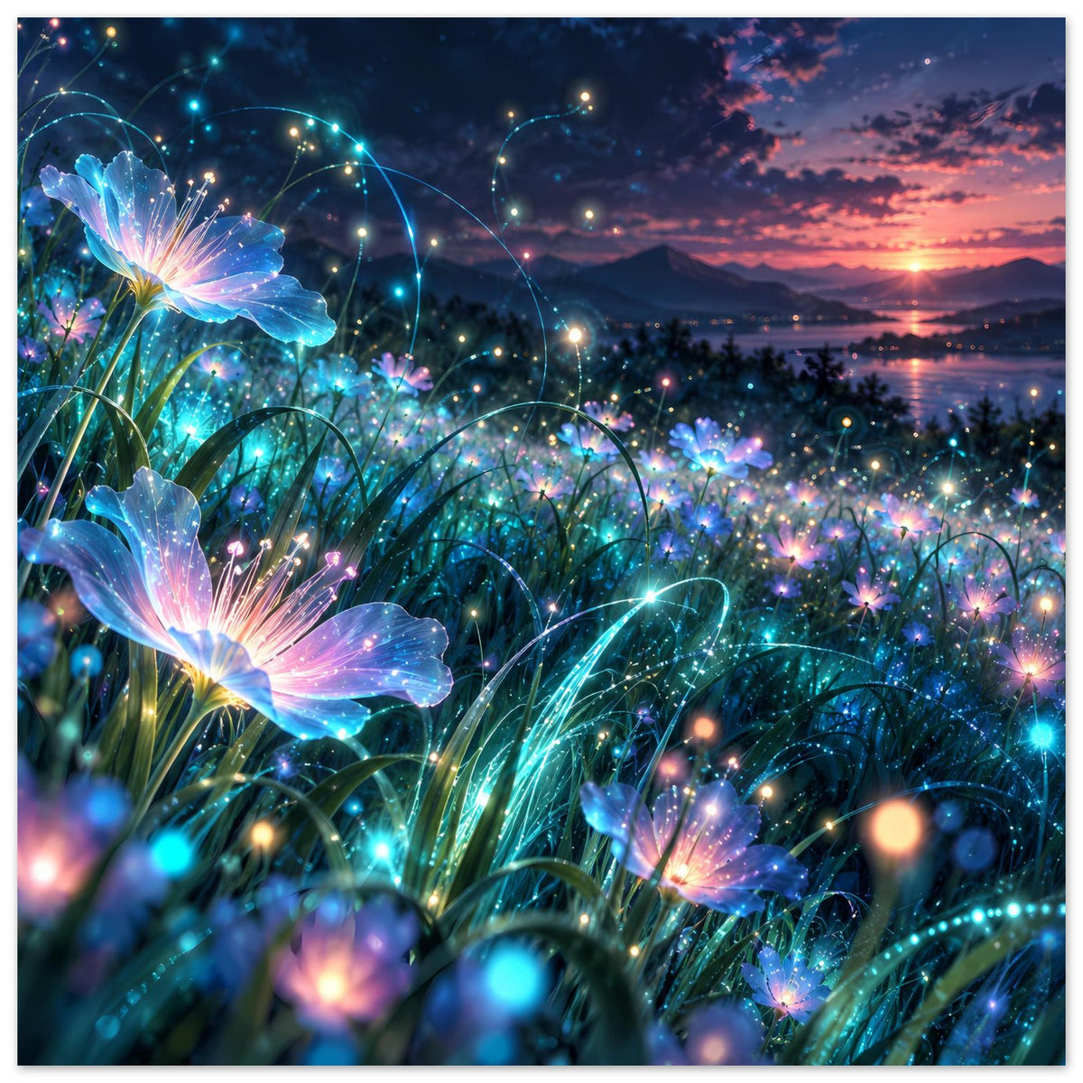 Blumenposter mit fluoreszierenden blauen Blüten, funkelnden Kugellichtern und farbigem Nachthimmel