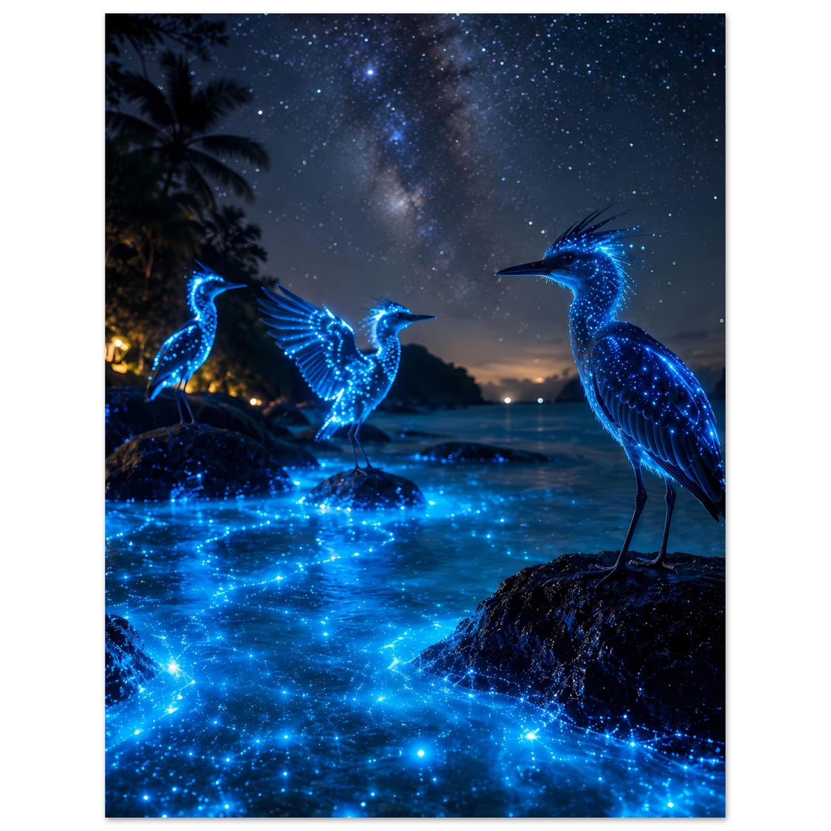 Poster mit drei blau leuchtenden Nachtvögeln auf Felsen, leuchtende Sterne im Wasser