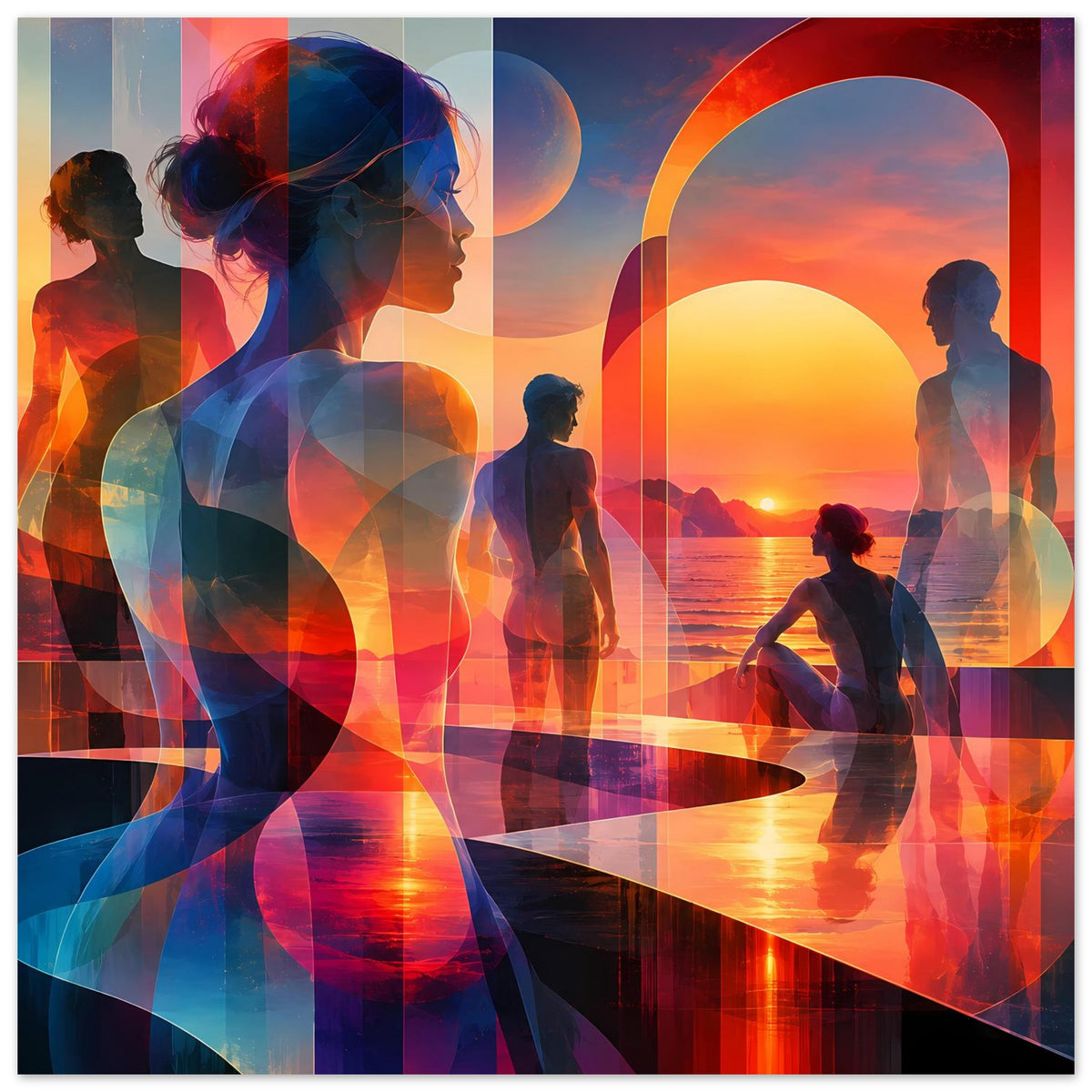 Kunstposter mit großem Frauenprofil und weiteren Silhouetten, abstrakter Sonnenuntergang orange-blau