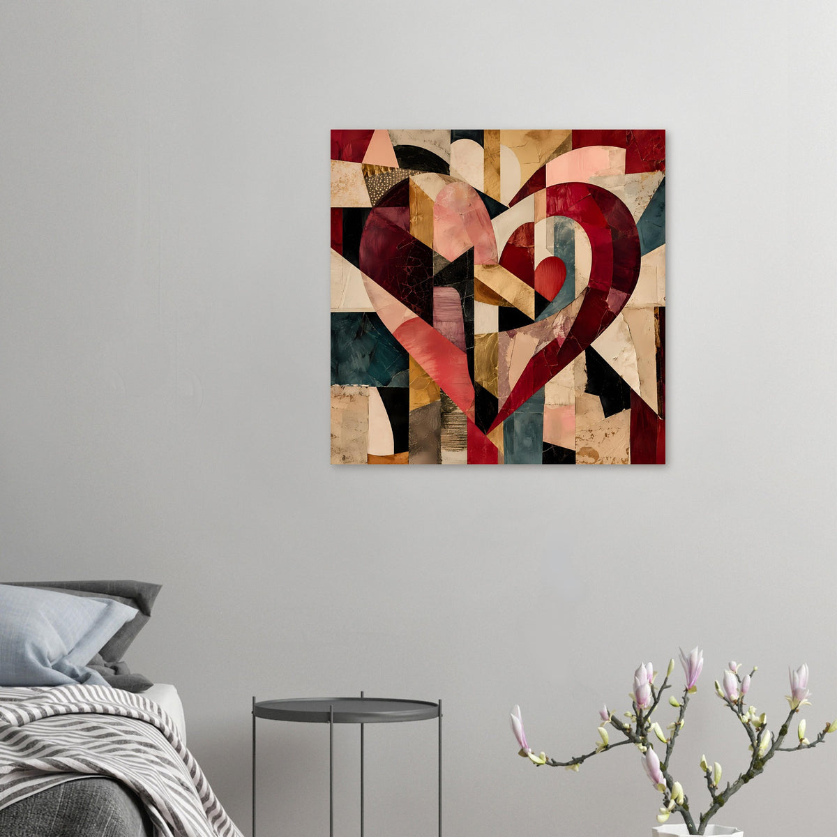 Kleines Herzposter im Cubist-Stil, abstrakte Flächen in Rot-, Beige- und Blautönen
