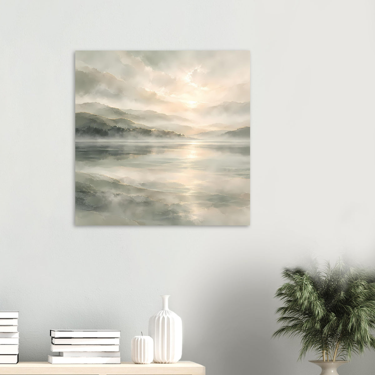 Quadratisches Poster mit See- und Berglandschaft im Dunst, warmes Licht, matt