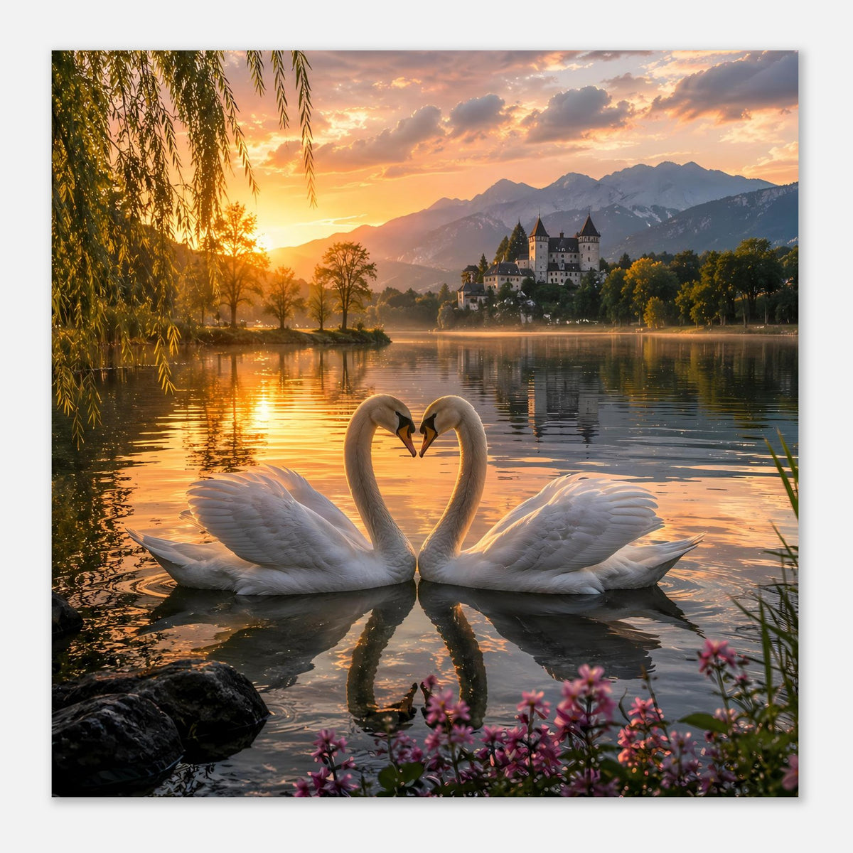 Poster mit Herz-Schwänen, Sonnenuntergang am See, Reflexion im Wasser und Blumen im Vordergrund