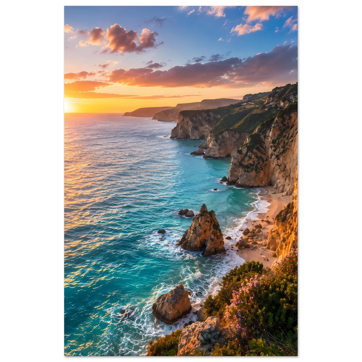 Poster mit Küstenlandschaft im Sonnenuntergang: türkisblaues Meer, Felsenküste, goldene Sonne
