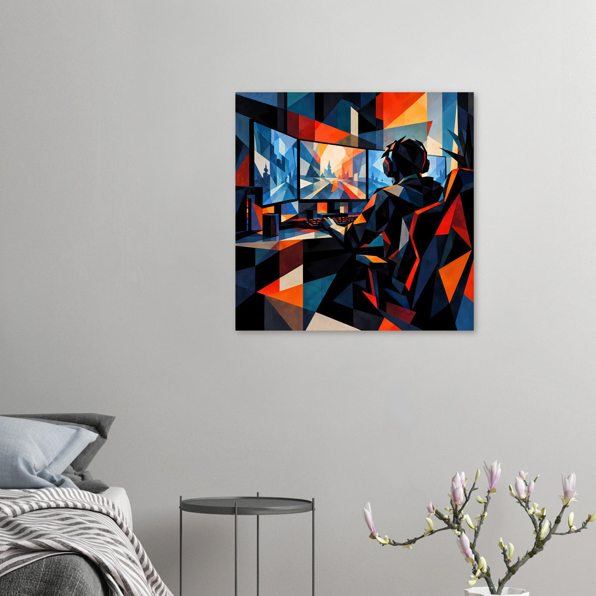 Quadratisches Gaming-Poster mit abstrakter Gamer-Figur im Headset, geometrische Blau-Orange-Kacheln