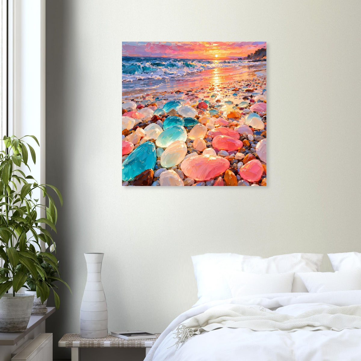 Quadratisches Poster: spiegelnde Sonnenbahn über dem Wasser, davor viele bunte Kiesel