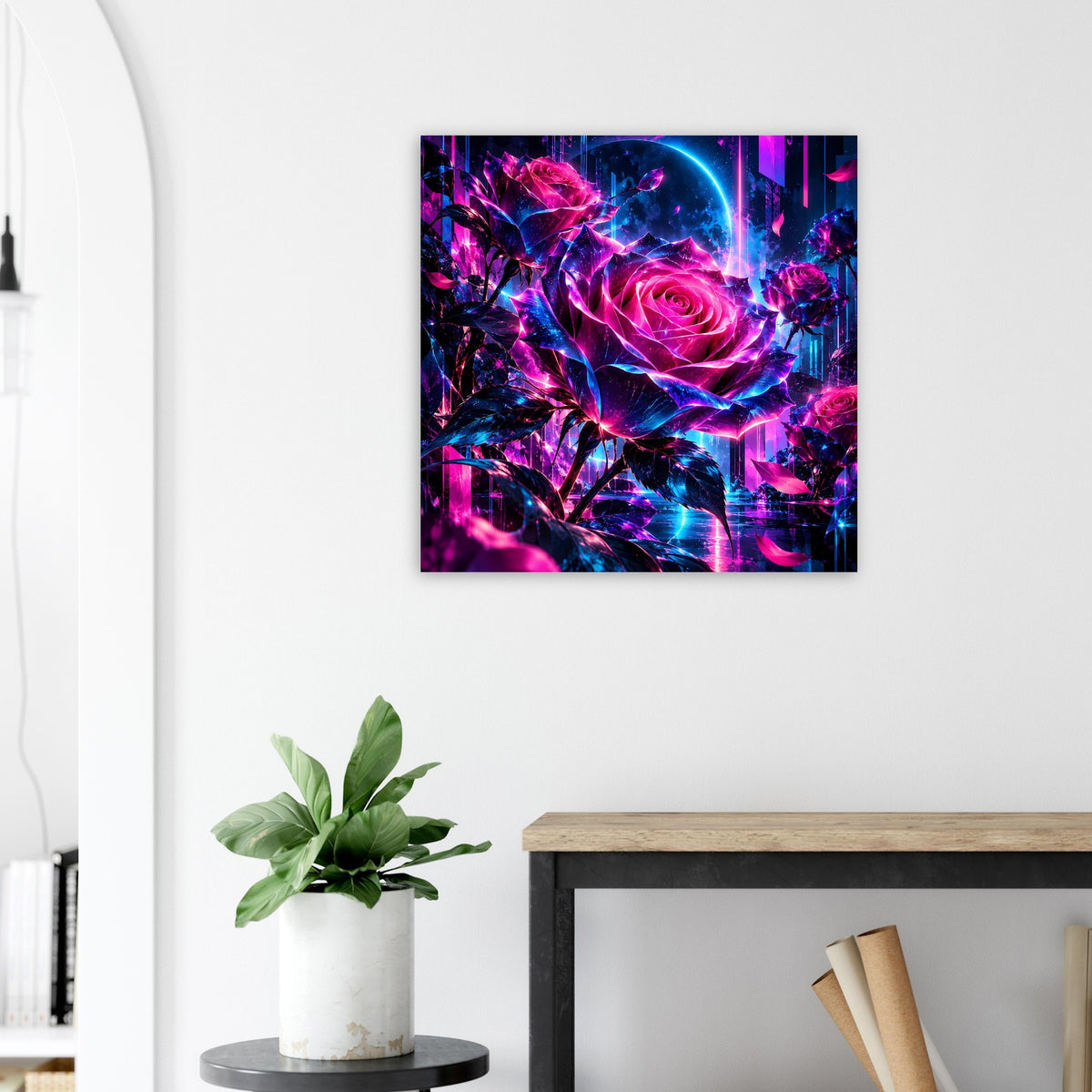 Quadratisches Kunstposter mit rosa-blauer Neonrose und strahlendem Lichteffekt