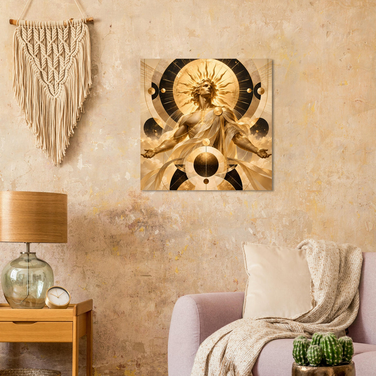 Quadratisches Kunstposter: goldene Engel-Gestalt inmitten dunkler Kreis- und Kreisringformen