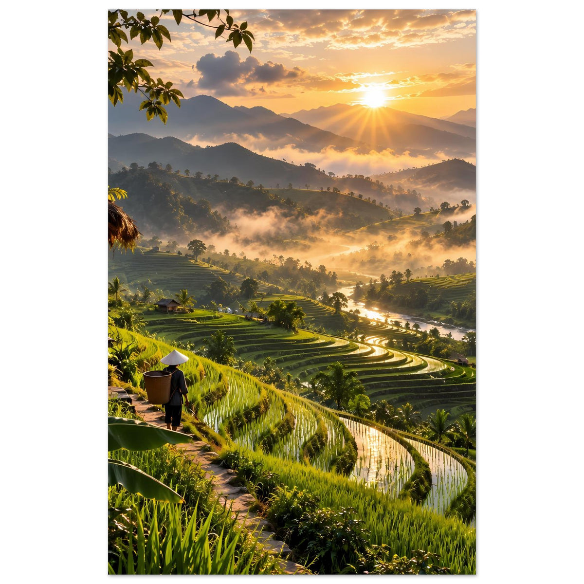 Hochformat-Poster mit Sonnenaufgang über Tal, Reisterrassen und Nebelbögen in der Ferne