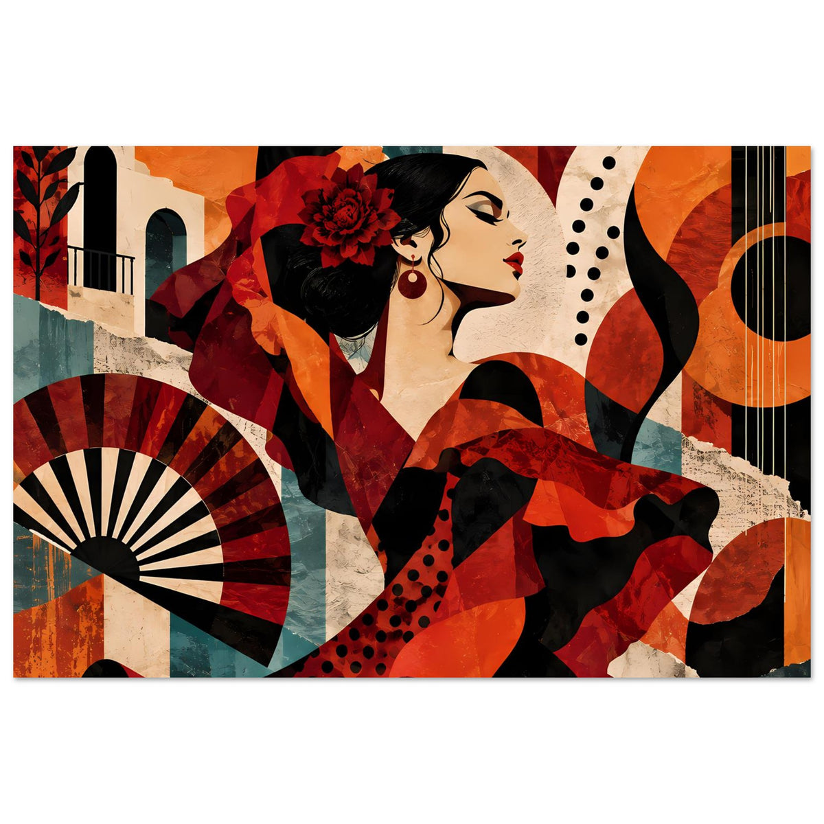 Dynamisches Tanzposter: Porträt einer Flamenco-Tänzerin in Rot, Schwarz und Beige, Fächer
