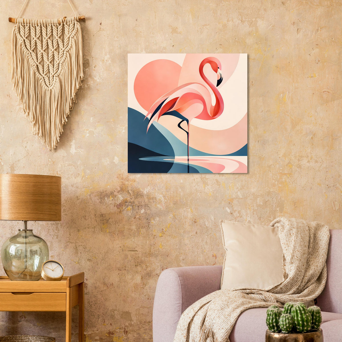 Gerahmter Kunstdruck mit Flamingo-Silhouette, Koralle, Rosa und Blau im Sonnenbild